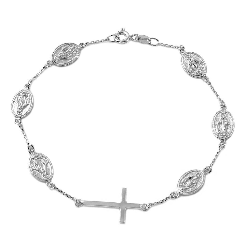 .925 Sterling Silver Rhodium Plated Cross With Religious Charms Bracelet