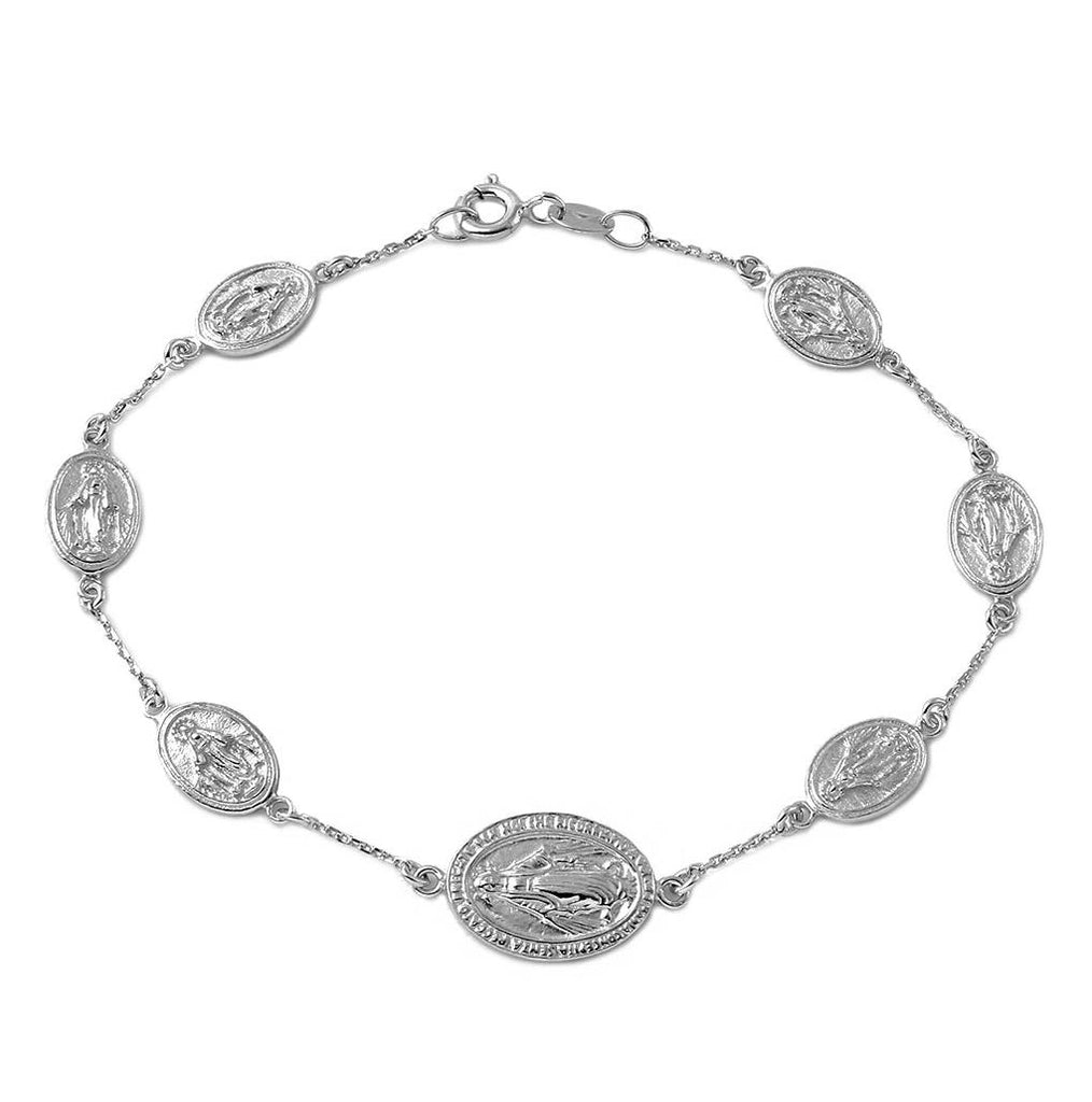 .925 Sterling Silver Rhodium Plated Religious Medallion Charm Bracelet