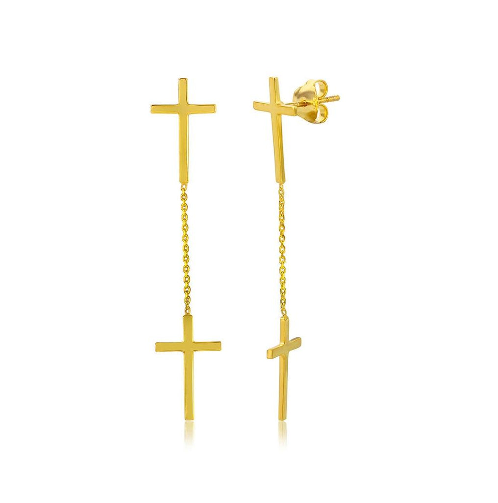 .925 Sterling Silver Gold Plated Double Hanging Cross Earrings