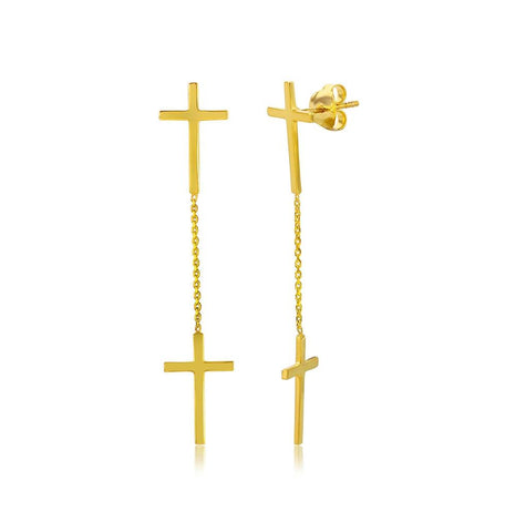 .925 Sterling Silver Gold Plated Double Hanging Cross Earrings