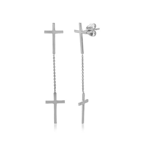 .925 Sterling Silver Rhodium Plated Double Hanging Cross Earrings