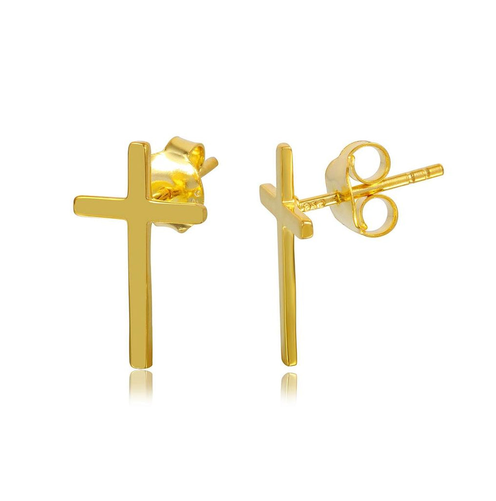 .925 Sterling Silver Gold Plated Cross Stud Earrings