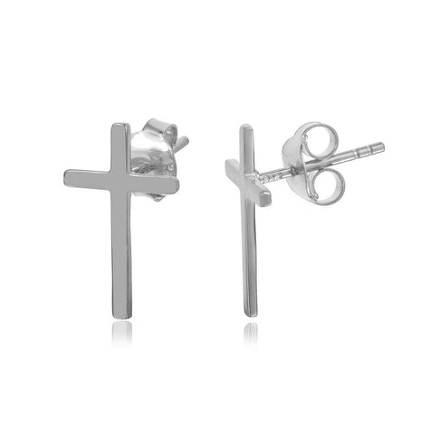 .925 Sterling Silver Rhodium Plated Cross Stud Earrings