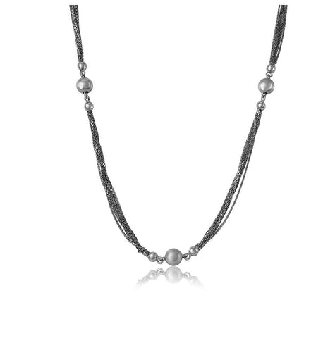 .925 Sterling Silver Rhodium Plated Multi Strands Chain With Beads Necklace