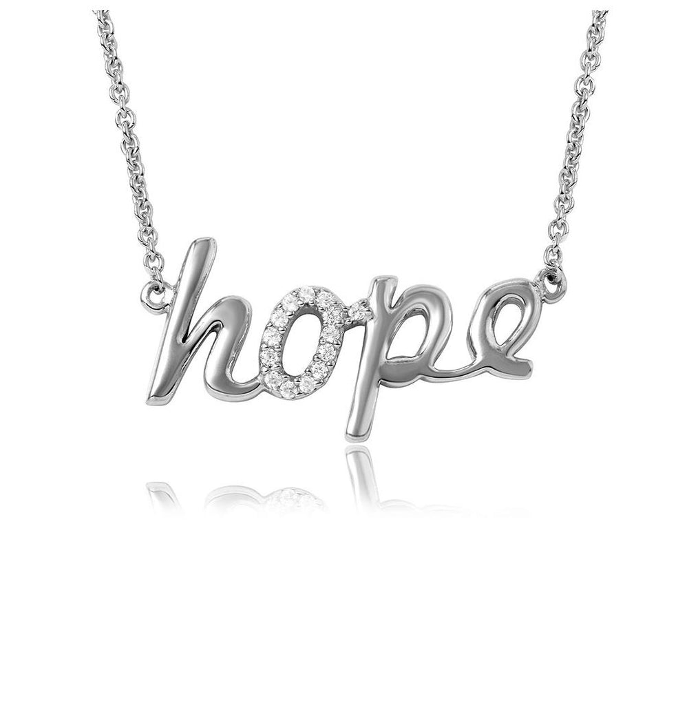 .925 Sterling Silver Rhodium Plated Cz Word Necklace "hope"