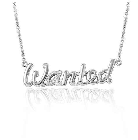 .925 Sterling Silver Rhodium Plated Cz Word Necklace "wanted"