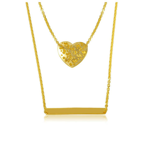 .925 Sterling Silver Gold Plated Double Chain Heart And Bar Necklace