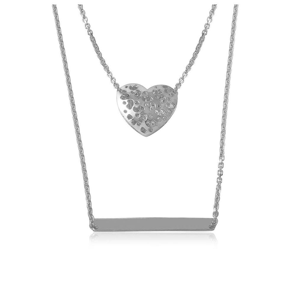 .925 Sterling Silver Rhodium Plated Double Chain Heart And Bar Necklace