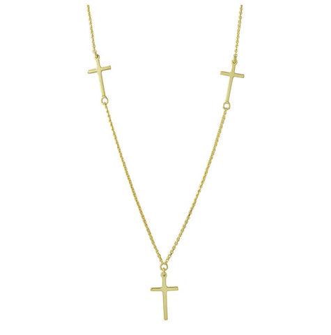 .925 Sterling Silver Gold Plated 3 Crosses Necklace