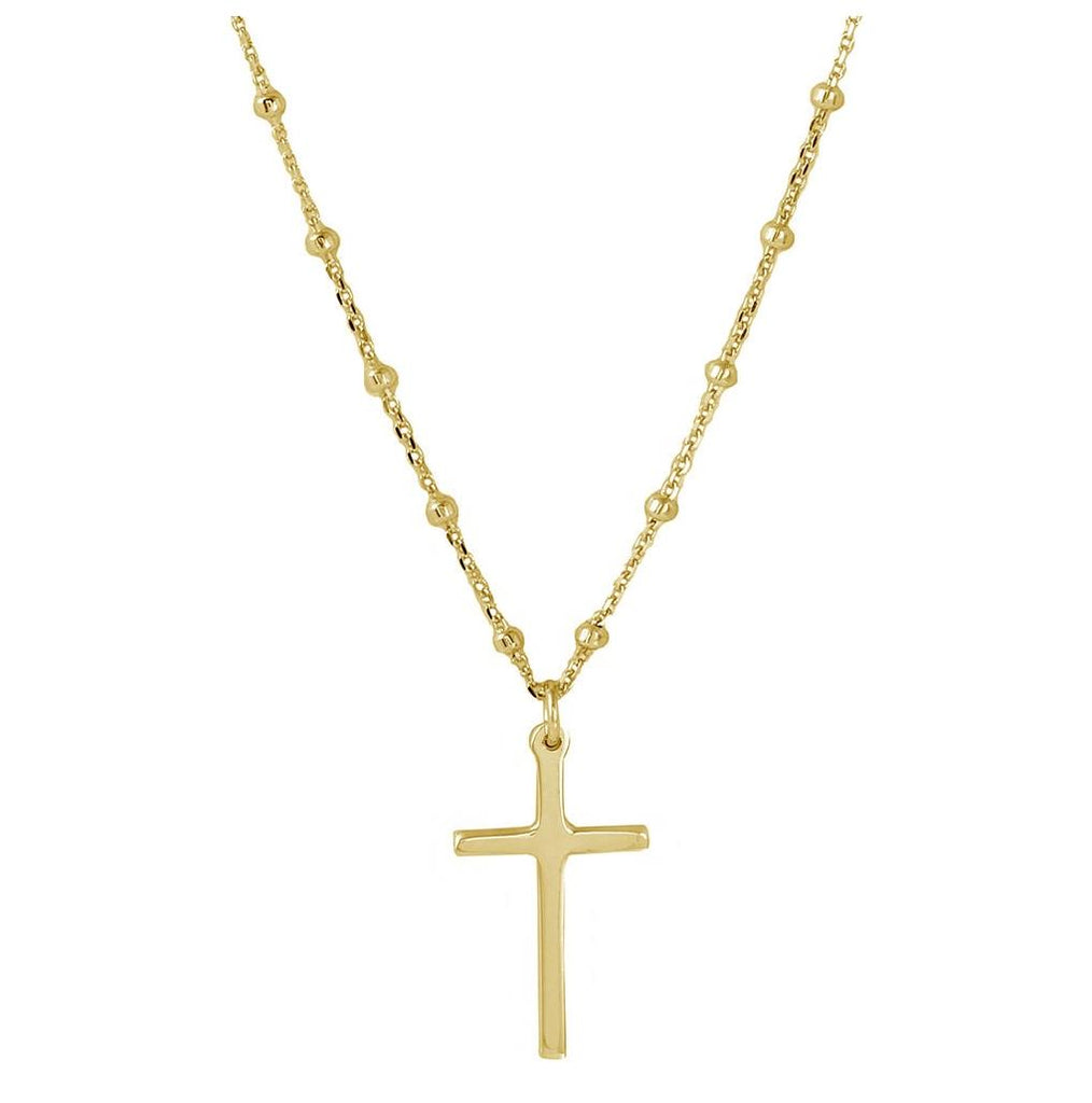 .925 Sterling Silver Gold Plated Cross Pendant With Beaded Chain