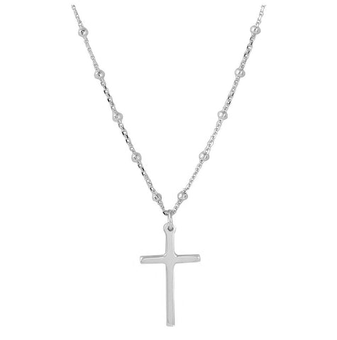 .925 Sterling Silver Rhodium Plated Cross Pendant With Beaded Chain