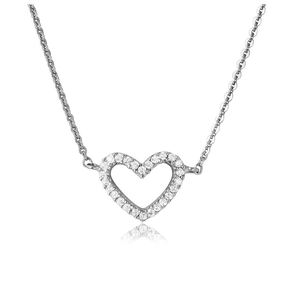 .925 Sterling Silver Rhodium Plated Cz Open Heart Necklace