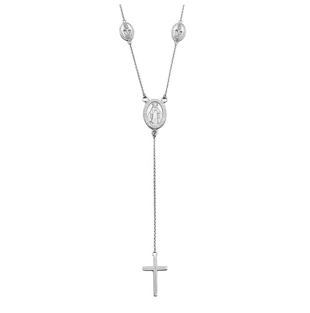 .925 Sterling Silver Rhodium Plated Religious Charms Necklace With Cross Drop