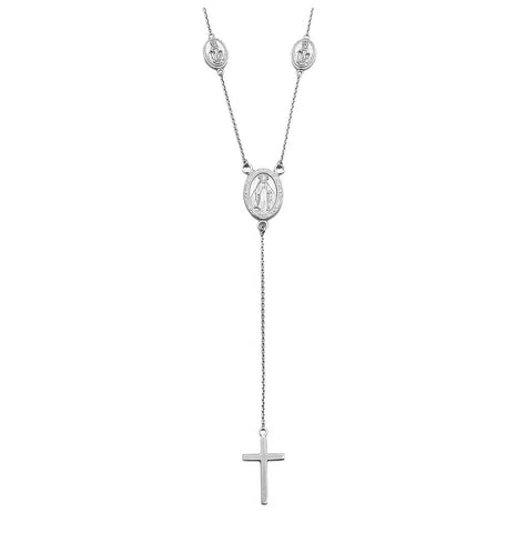 .925 Sterling Silver Rhodium Plated Religious Charms Necklace With Cross Drop