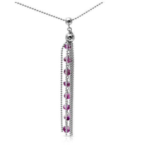 .925 Sterling Silver Rhodium Plated Bead Chain With Dropped Purple Bead Necklace