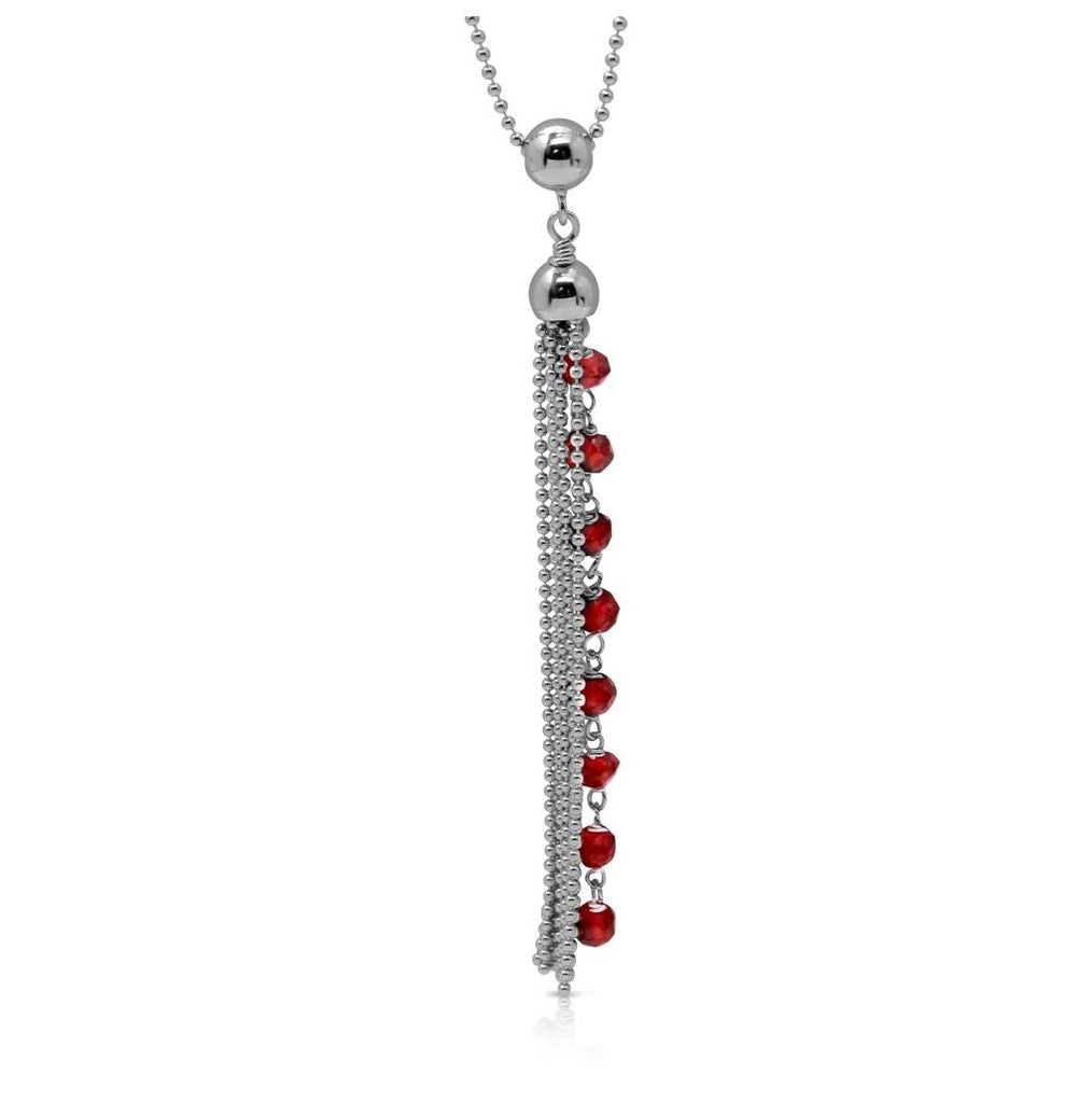 .925 Sterling Silver Rhodium Plated Bead Chain With Dropped Red Bead Necklace