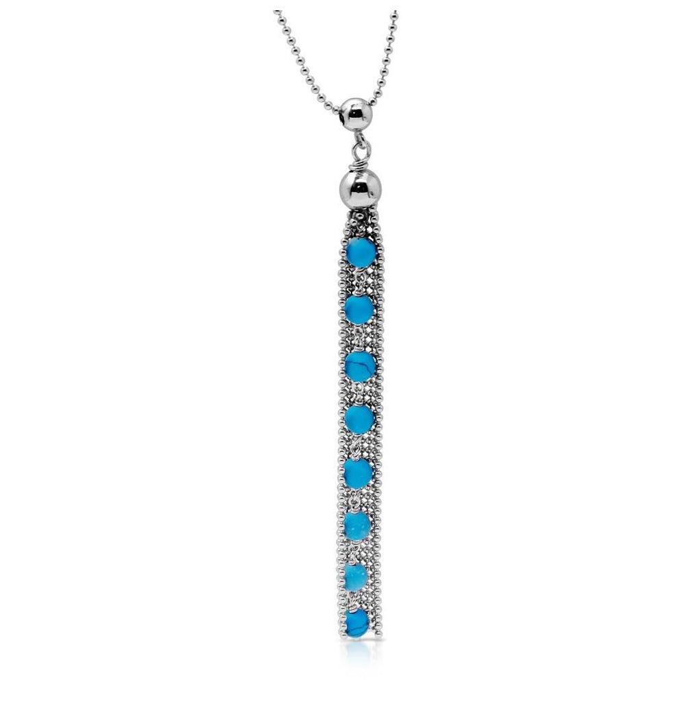 .925 Sterling Silver Rhodium Plated Bead Chain With Dropped Turquoise Bead Necklace