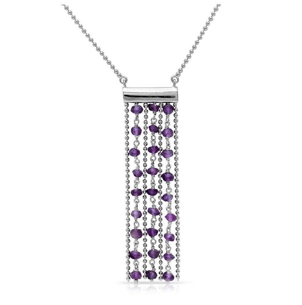 .925 Sterling Silver Rhodium Plated Bead Chain Necklace With Dropped Purple Beads