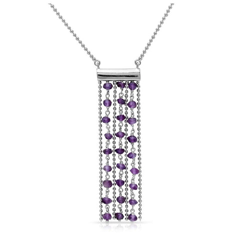 .925 Sterling Silver Rhodium Plated Bead Chain Necklace With Dropped Purple Beads