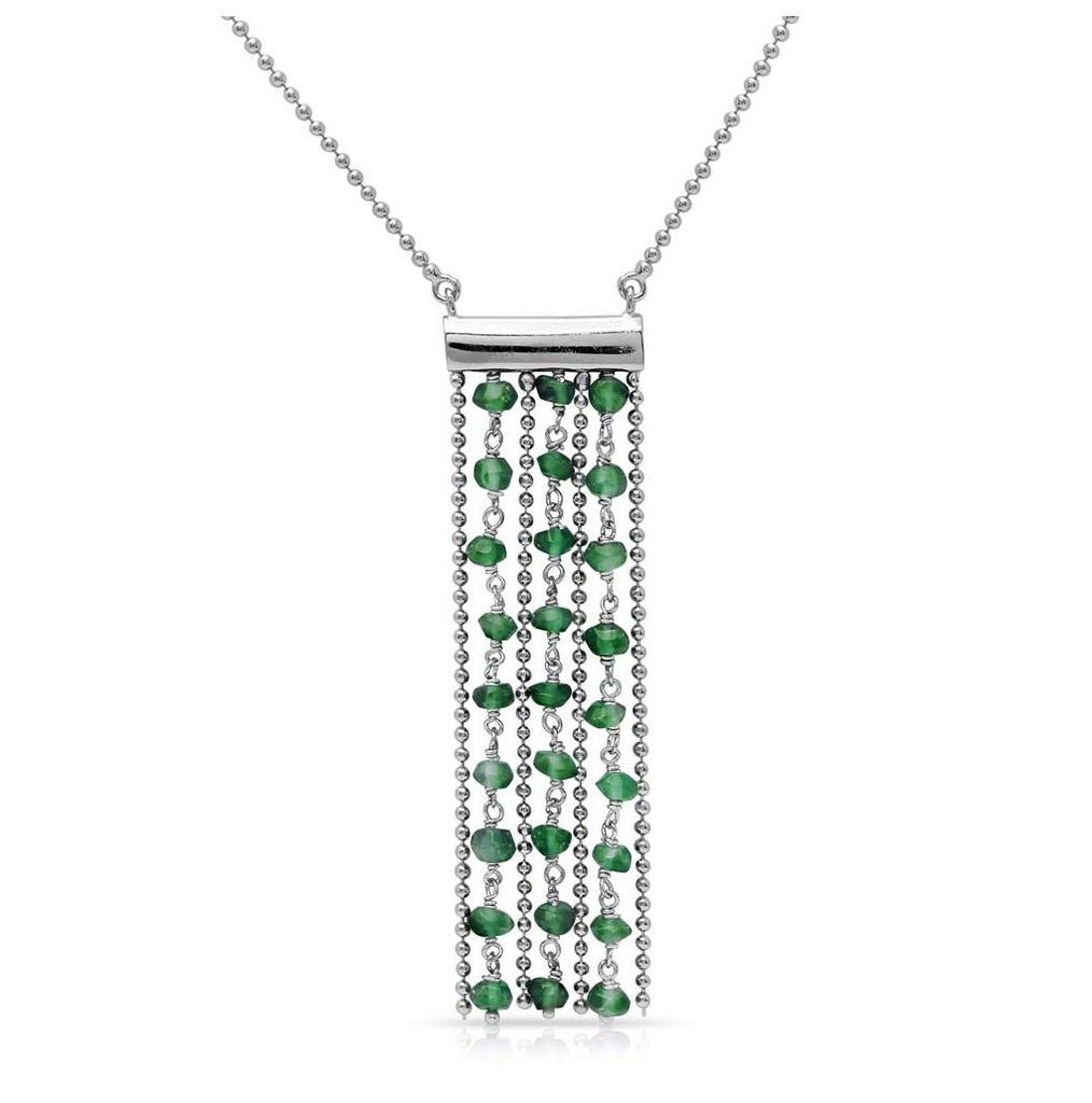 .925 Sterling Silver Rhodium Plated Bead Chain Necklace With Dropped Green Beads