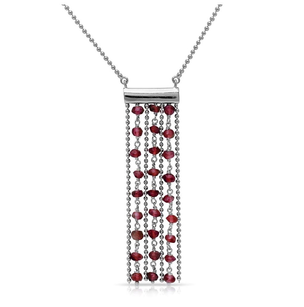 .925 Sterling Silver Rhodium Plated Bead Chain Necklace With Dropped Dark Red Beads