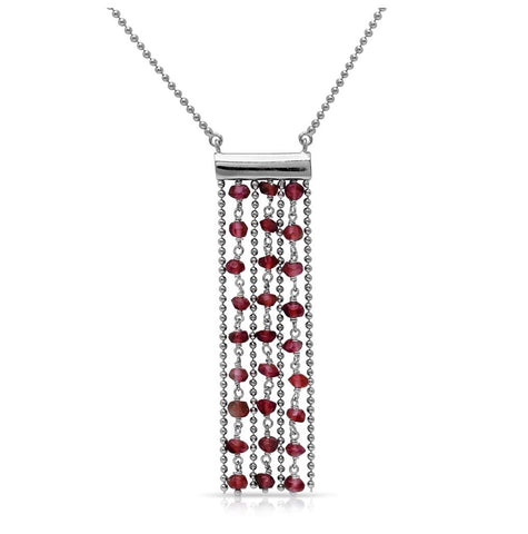 .925 Sterling Silver Rhodium Plated Bead Chain Necklace With Dropped Dark Red Beads