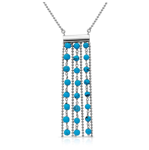 .925 Sterling Silver Rhodium Plated Bead Chain Necklace With Dropped Turquoise Beads