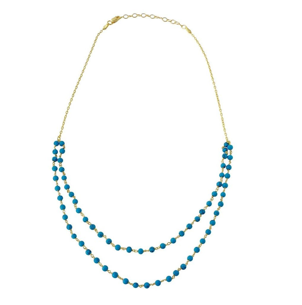 .925 Sterling Silver Gold Plated Double Strand Turquoise Bead Necklace