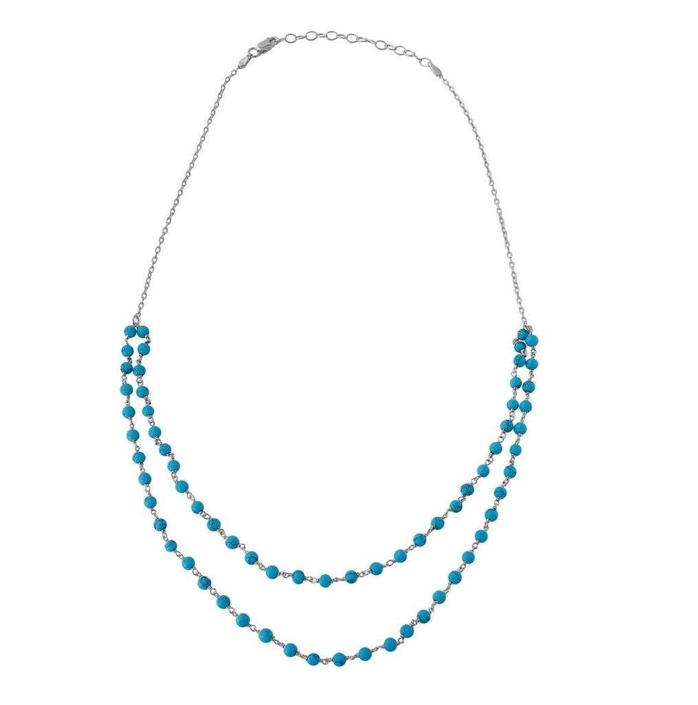 .925 Sterling Silver Rhodium Plated Double Strand Turquoise Bead Necklace