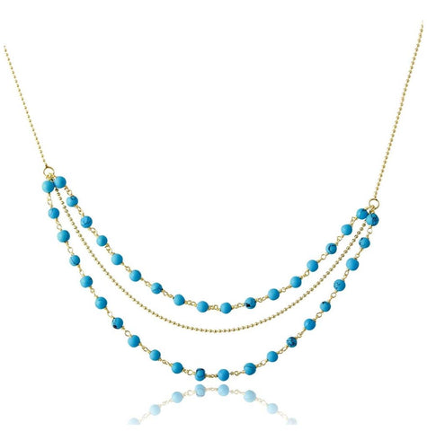 .925 Sterling Silver Gold Plated Triple Strand Turquoise Bead Necklace