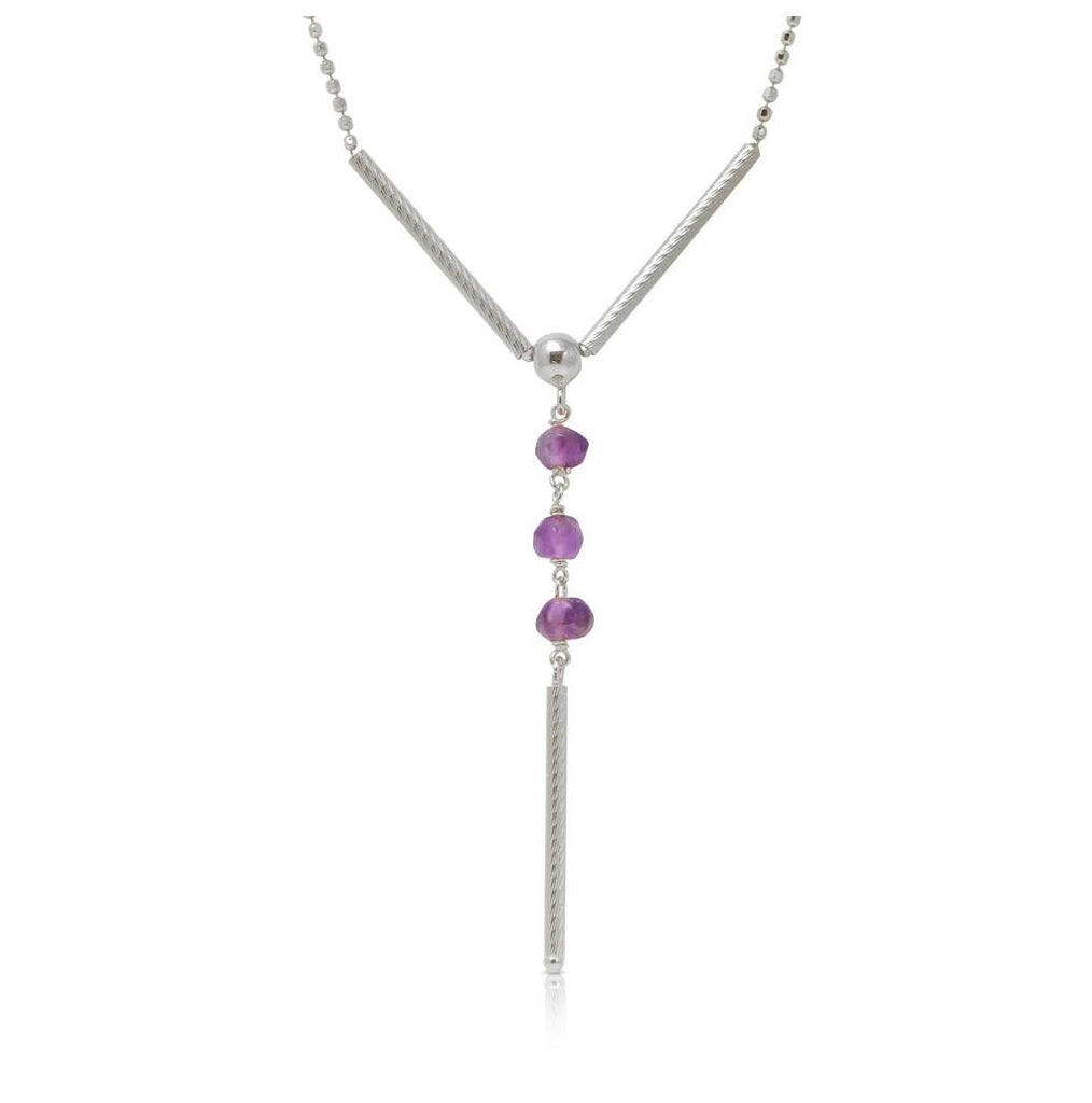 .925 Sterling Silver Rhodium Plated Dc Bead Chain With Dangling Purple Beads