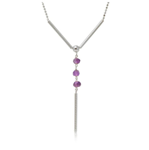 .925 Sterling Silver Rhodium Plated Dc Bead Chain With Dangling Purple Beads