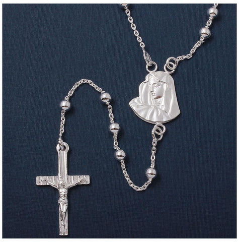 .925 Sterling Silver High Polished Rosary With Mother Mary 4mm