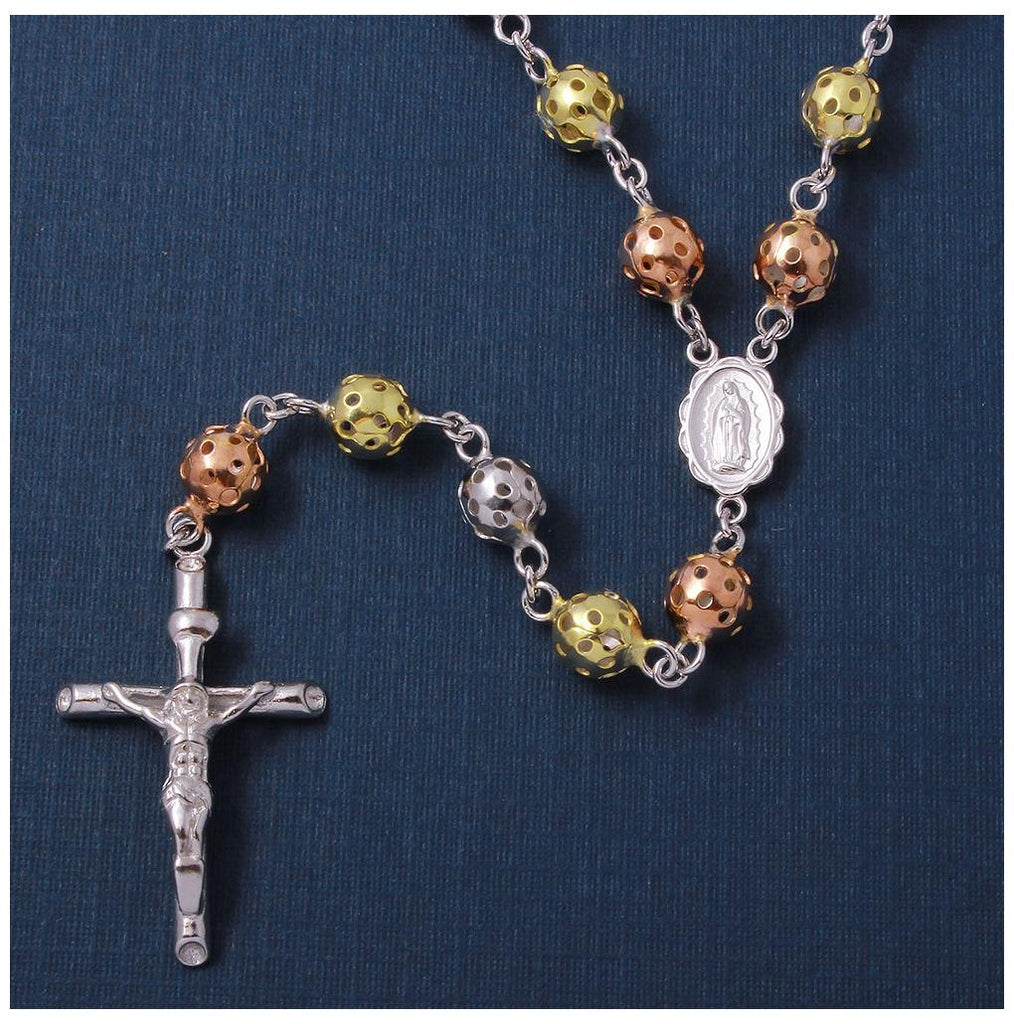 .925 Sterling Silver 3 Toned Filigree Rosary With Cut Out Bar 6mm