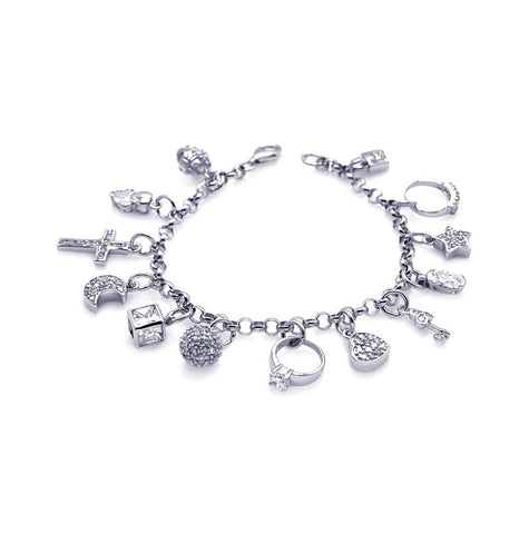 .925 Sterling Silver Rhodium Plated Multiple Charm Bracelet