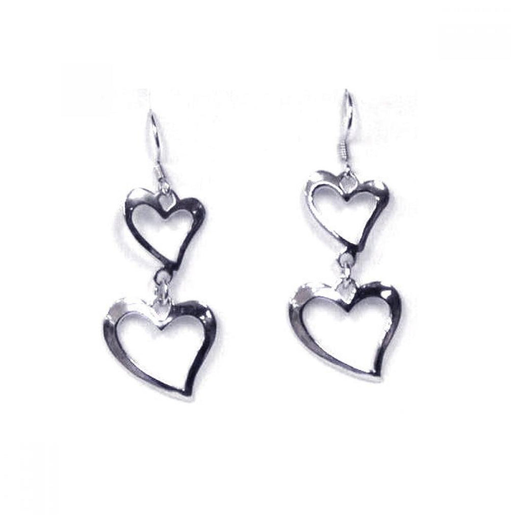 .925 Sterling Silver Rhodium Plated Two Graduated Open Heart Hook Earring