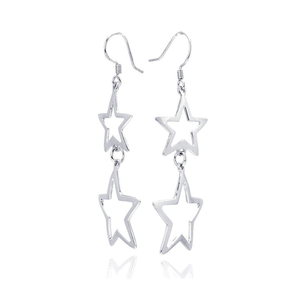 .925 Sterling Silver Rhodium Plated Two Dangling Open Star Hook Earring