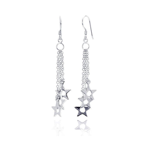 .925 Sterling Silver Rhodium Plated Three Wire Dangling Open Stars Hook Earring