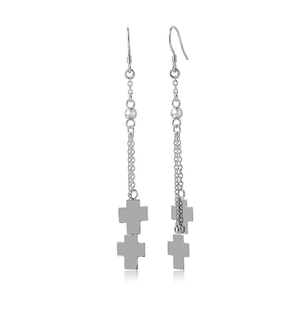 .925 Sterling Silver Rhodium Plated Two Cross Wire Dangling Hook Earring