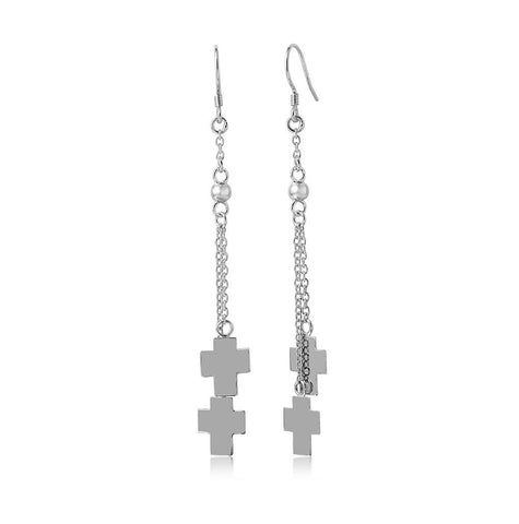 .925 Sterling Silver Rhodium Plated Two Cross Wire Dangling Hook Earring