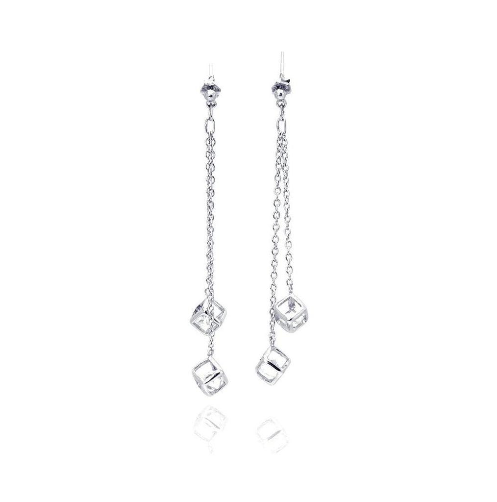 .925 Sterling Silver Rhodium Plated Two Wire Dangling Block Cz Hook Earring