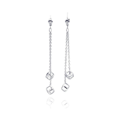 .925 Sterling Silver Rhodium Plated Two Wire Dangling Block Cz Hook Earring