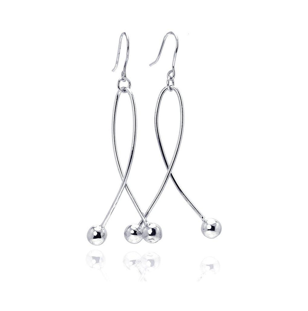 .925 Sterling Silver Rhodium Plated Twisted Dangling Two Hanging Balls Hook Earring