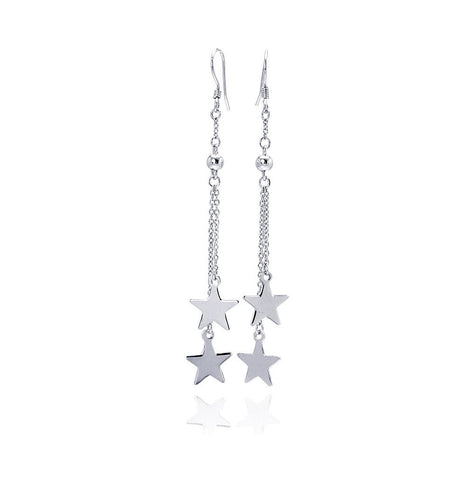 .925 Sterling Silver Rhodium Plated Two Wire Dangling Solid Star Hook Earring