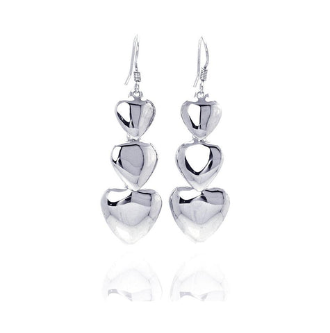 .925 Sterling Silver Rhodium Plated Three Graduated Solid Heart Dangling Hook Earrings