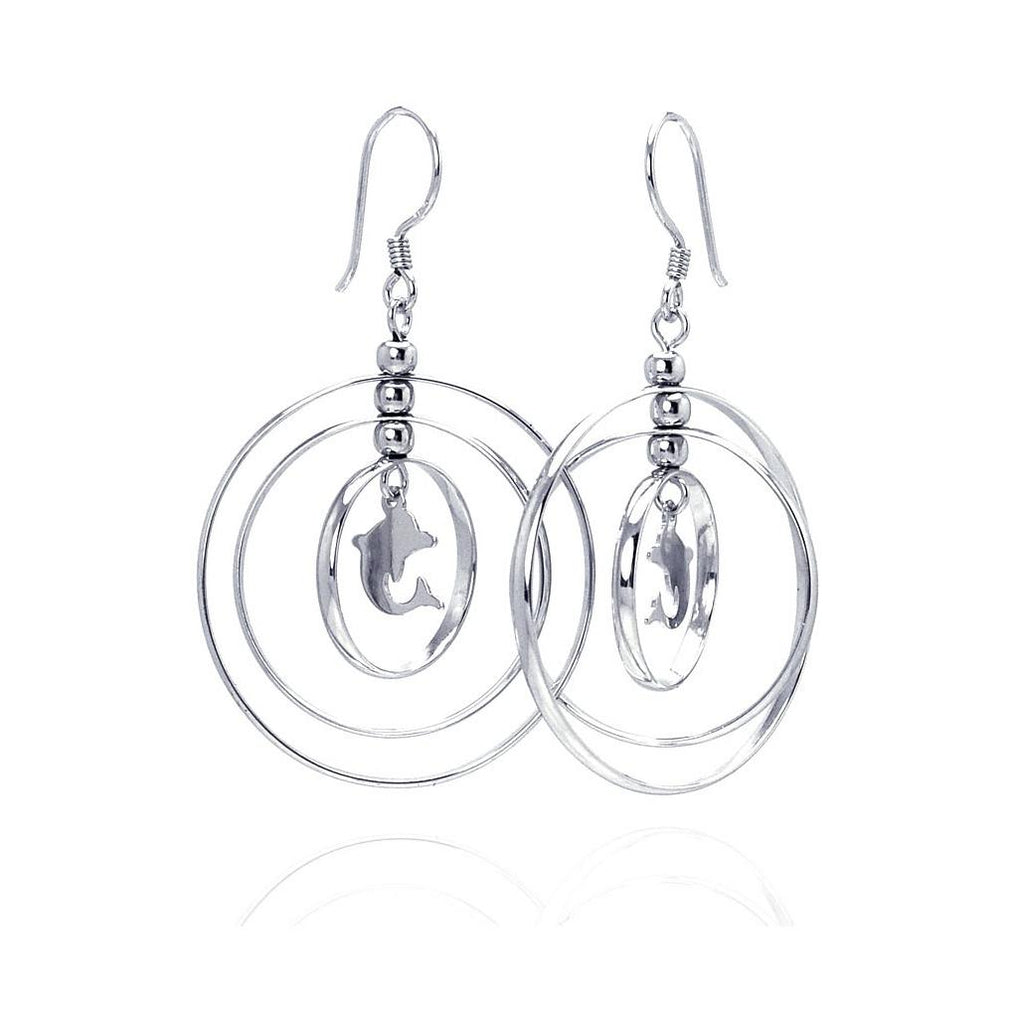 .925 Sterling Silver Rhodium Plated Open Graduated Cirlce Center Dolphin Dangling Hook Earrings