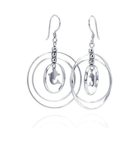 .925 Sterling Silver Rhodium Plated Open Graduated Cirlce Center Dolphin Dangling Hook Earrings