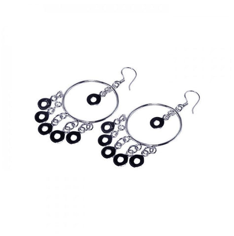 .925 Sterling Silver Rhodium Plated Multiple Open Black Circles Dangling Chandelier Hook Earrings