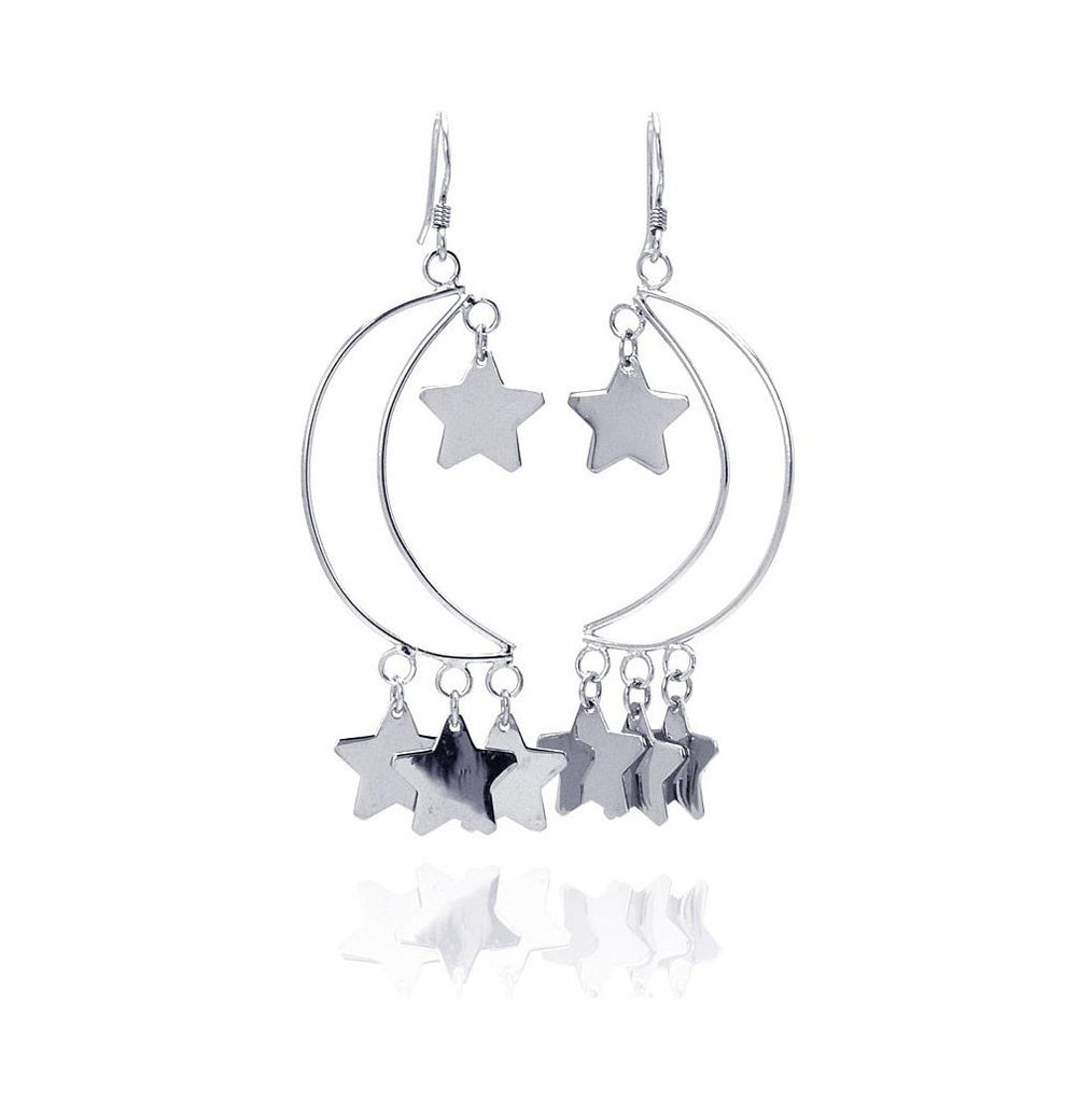 .925 Sterling Silver Rhodium Plated Open Crescent Moon Dangling Stars Hook Earrings