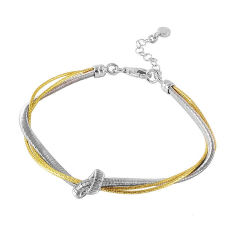 .925 Sterling Silver Satin Finish Wire Braided Bracelet With Two Gold Plated Strands